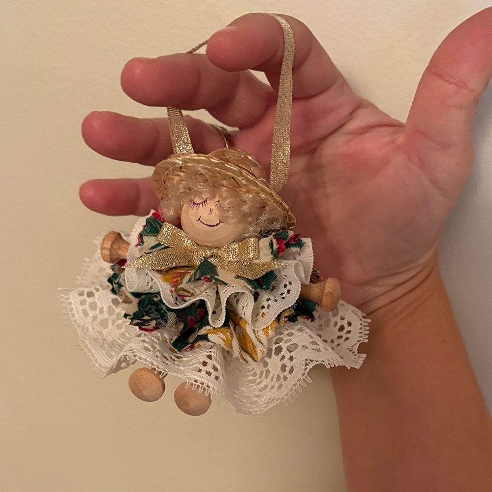 Vintage Christmas Handmade wooden peg Doll Ornament with Lace Dress